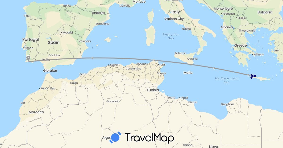 TravelMap itinerary: driving, plane in Greece, Portugal (Europe)